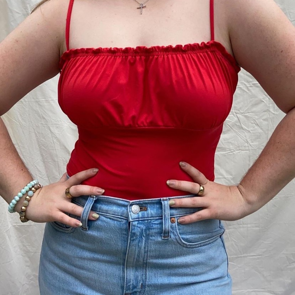 SOLD Cropped red ruffled square neck tank top